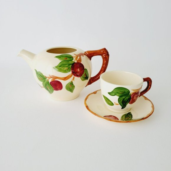 Vintage Franciscan Apple Teapot NO LID, Teacup & Saucer c1953-58 USA Fruit Decor - Picture 15 of 15
